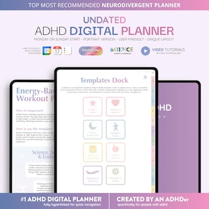 Puede incluir: Un planificador digital TDAH sin fecha con un tema arcoíris, diseñado para personas neurodivergentes. El planificador incluye secciones para entrenamientos, ciencia y plantillas. Totalmente enlazado.