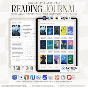 May include: A digital reading journal displayed on a tablet screen, featuring a book review page and a books library grid. The interface includes navigation tabs, star ratings, and book cover thumbnails. Text includes "MINIMALIST & AESTHETIC READING JOURNAL" and "NOTES+ FEATURED BY".