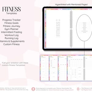 May include: A digital fitness planner template displayed on a tablet screen, featuring sections for progress tracking, fitness goals, gym planning, intermittent fasting, workout logs, running logs, and vitamins. The interface includes hyperlinked tabs.