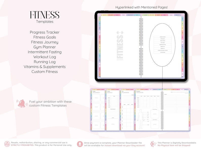 May include: A digital fitness planner template displayed on a tablet screen, featuring sections for progress tracking, fitness goals, gym planning, intermittent fasting, workout logs, running logs, and vitamins. The interface includes hyperlinked tabs.