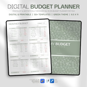 Pode incluir: Planeador de orçamento digital com um tema verde. O planeador inclui mais de 50 modelos e foi concebido para ser minimalista e esteticamente agradável. O planeador tem 21,59 x 27,94 cm e é digital e imprimível.