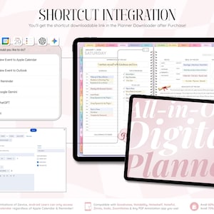 May include: A digital planner displayed on a tablet screen featuring a daily schedule, task list, and mood tracker. A pop-up menu shows shortcut integration options for Apple Calendar, Outlook, Reminders, Google Gemini, and ChatGPT. Text reads All-in-One Digital Planner.