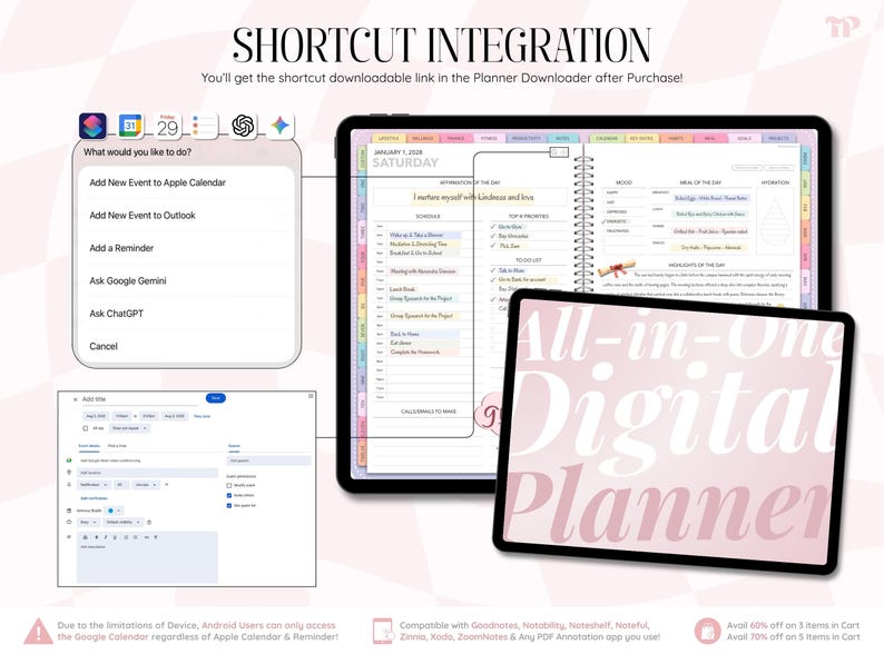 May include: A digital planner displayed on a tablet screen featuring a daily schedule, task list, and mood tracker. A pop-up menu shows shortcut integration options for Apple Calendar, Outlook, Reminders, Google Gemini, and ChatGPT. Text reads All-in-One Digital Planner.