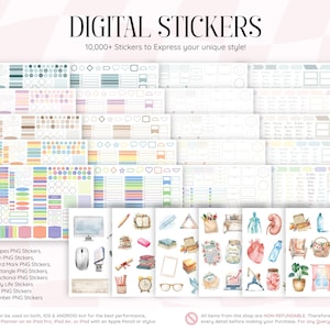 May include: A collection of digital stickers featuring various shapes, icons, word marks, rectangles, and functional designs in multiple color palettes. The set includes watercolor illustrations of office supplies, household items, and anatomical organs.
