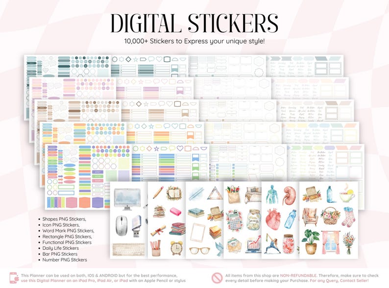 May include: A collection of digital stickers featuring various shapes, icons, word marks, rectangles, and functional designs in multiple color palettes. The set includes watercolor illustrations of office supplies, household items, and anatomical organs.