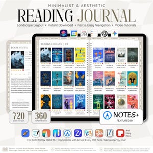 Digital Reading Journal LANDSCAPE for iPad & Android | Book Reading Tracker, Review Planner, Reading Log | GoodNotes, Notability, Noteshelf