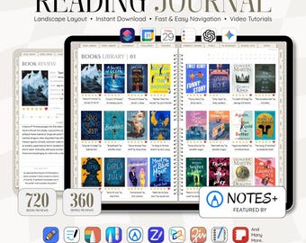 Digital Reading Journal LANDSCAPE for iPad & Android | Book Reading Tracker, Review Planner, Reading Log | GoodNotes, Notability, Noteshelf