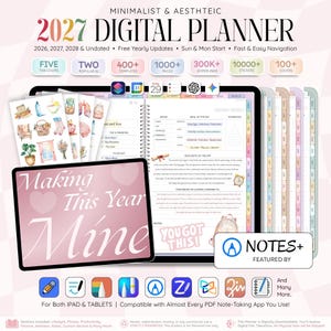 2027, 2028, Undated Digital Planner LANDSCAPE for iPad & Android Tablet | All-in-One Daily, Weekly, Monthly Journal | Goodnotes, Notability