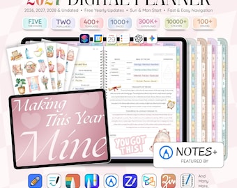 May include: A 2027 digital planner for tablets featuring 400+ templates, 1000+ pages, 300K+ hyperlinks, and 10000+ stickers. The interface displays daily planning sections, mood trackers, and meal logs. Text includes "Making This Year Mine" and "NOTES+ FEATURED BY".