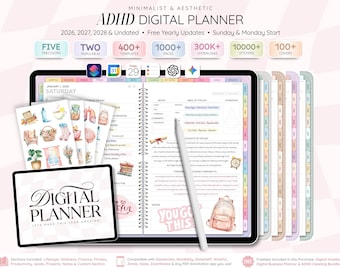 ADHD Digital Planner 2026, 2027, 2028, Undated | iPad Android | Daily Weekly Monthly Yearly Journal | Goodnotes Notability Noteshelf Noteful