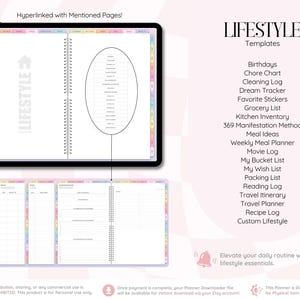 May include: A digital planner interface displayed on a tablet screen, featuring a LIFESTYLE section with hyperlinked pages. The list includes Birthdays, Chore Chart, Cleaning Log, Dream Tracker, Grocery List, Meal Planner, and other organizational templates.