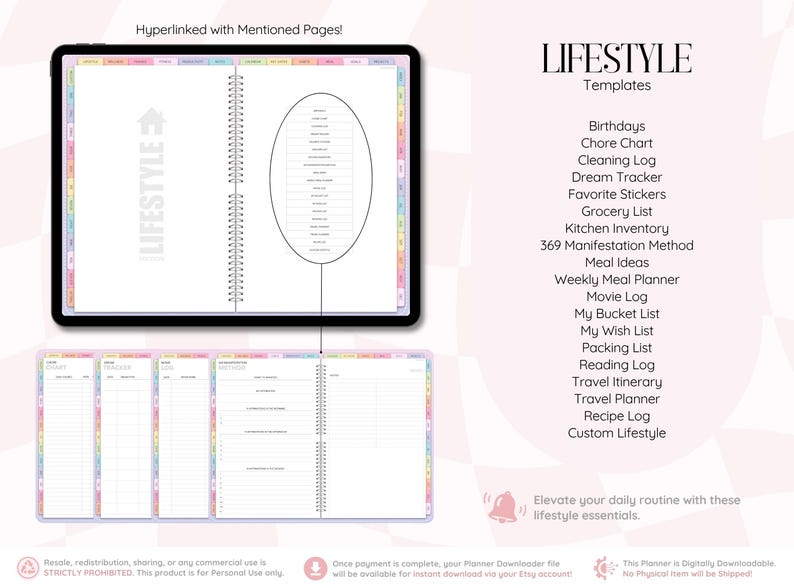 May include: A digital planner interface displayed on a tablet screen, featuring a LIFESTYLE section with hyperlinked pages. The list includes Birthdays, Chore Chart, Cleaning Log, Dream Tracker, Grocery List, Meal Planner, and other organizational templates.