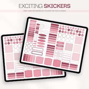 Puede incluir: Dos tabletas digitales que muestran hojas de pegatinas para agenda en tonos rosa y granate. El texto EXCITING SKICKERS y 2000+ RARE AND MINIMALIST STICKERS FOR YOUR PLANNERS aparece arriba. Las pegatinas incluyen meses, a&ntilde;os, formas y l&iacute;neas.