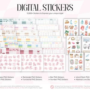 以下が含まれることがあります： 様々な形状、機能的なバー、長方形、アイコンを含むデジタルステッカーのコレクション。セットには、解剖学的臓器、事務用品、家庭用品の水彩イラストが含まれており、DIGITAL STICKERSというテキストが記載されています。