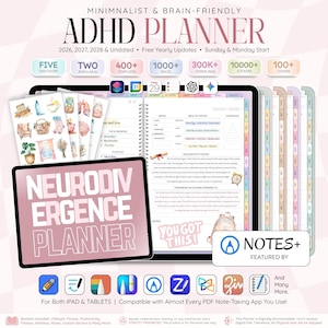 Pode incluir: Um planejador digital TDAH para tablets com capa rosa e o texto NEURODIVERGENCE PLANNER. A tela mostra modelos diários, rastreadores de humor, registros de refeições e gráficos de hidratação. Inclui ícones de vários aplicativos.