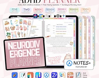 Cyfrowy planer ADHD 2026, 2027, 2028, bez daty, KRAJOBRAZ na iPada i Androida | Dziennik dzienny, tygodniowy, miesięczny | Goodnotes Notability Noteshelf