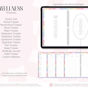 Może przedstawiać: Cyfrowe szablony planera wellness wyświetlone na ekranie tabletu, zawierające listę tracker&oacute;w, takich jak wizyta lekarska, okres, nastr&oacute;j, kroki, leki, medytacja, objawy, nawodnienie, b&oacute;l, sen, wdzięczność, nawyki oraz własne opcje wellness.