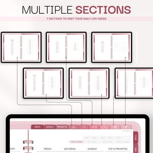 Puede incluir: Una interfaz de planificador digital con el texto MULTIPLE SECTIONS y 7 SECTIONS TO MEET YOUR DAILY LIFE NEEDS. Muestra seis dise&ntilde;os de p&aacute;gina de planificador m&aacute;s peque&ntilde;os etiquetados como Lifestyle, Fitness, Notes, Wellness, Finance.