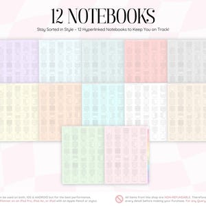 以下が含まれることがあります： 紫、青、ピンク、黄色、緑のパステルカラーの表紙を持つ12冊のハイパーリンク付きデジタルノートブックのコレクション。各ノートブックの表紙には小さなアイコンのグリッドが表示されており、上部には「12 NOTEBOOKS」というテキストが記載されています。