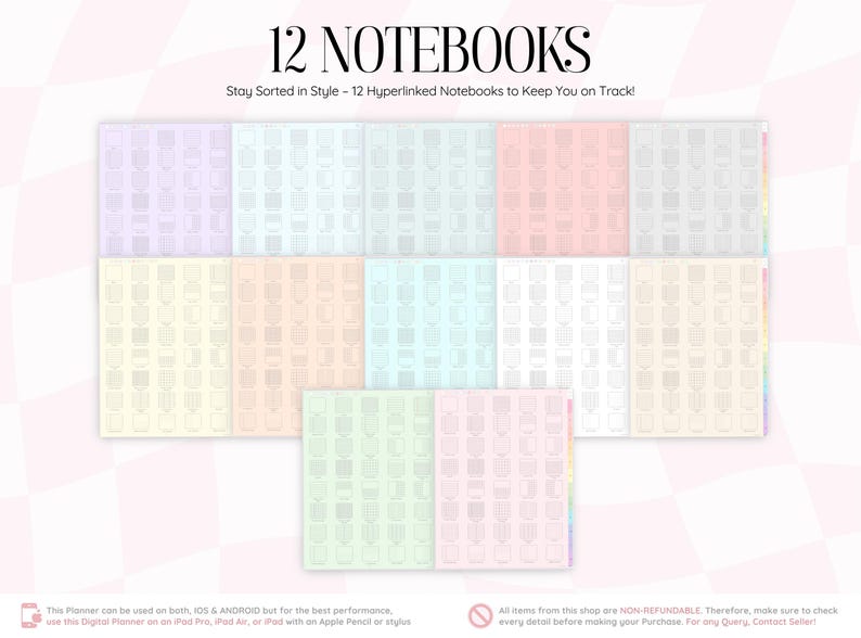 以下が含まれることがあります： 紫、青、ピンク、黄色、緑のパステルカラーの表紙を持つ12冊のハイパーリンク付きデジタルノートブックのコレクション。各ノートブックの表紙には小さなアイコンのグリッドが表示されており、上部には「12 NOTEBOOKS」というテキストが記載されています。