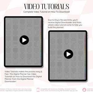 以下が含まれることがあります： 中央に再生ボタンアイコンがあるプランナーページテンプレートのグリッドを表示する2台のデジタルタブレット。テキストには「VIDEO TUTORIALS」、「Complete Video Tutorial on How To Download!」、およびデジタルダウンローダーとアプリの互換性に関する説明が記載されています。