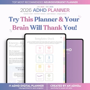 Planificador digital para TDAH 2026 / Plantilla para iPad/Android para adultos / Planificador Goodnotes diario, semanal, mensual y anual (descarga instantánea)