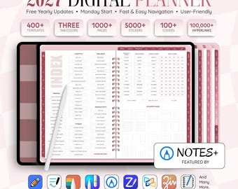 Puede incluir: Una agenda digital 2027 para tabletas que muestra una página de índice con secciones de estilo de vida, bienestar, productividad y fitness. La interfaz incluye un lápiz óptico blanco, navegación por pestañas y texto que indica 400+ plantillas, 1000+ páginas, 5000+ pegatinas, 100+ portadas y 100.000+ hipervínculos. Compatible con aplicaciones de notas PDF.