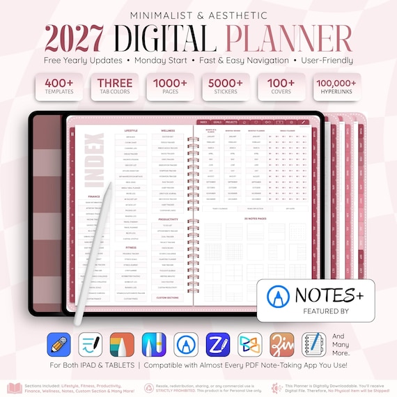 2027 Digital Planner LANDSCAPE for iPad & Android | All-in-One Undated Planner | Daily Weekly Monthly Journal | Goodnotes Notability Noteful