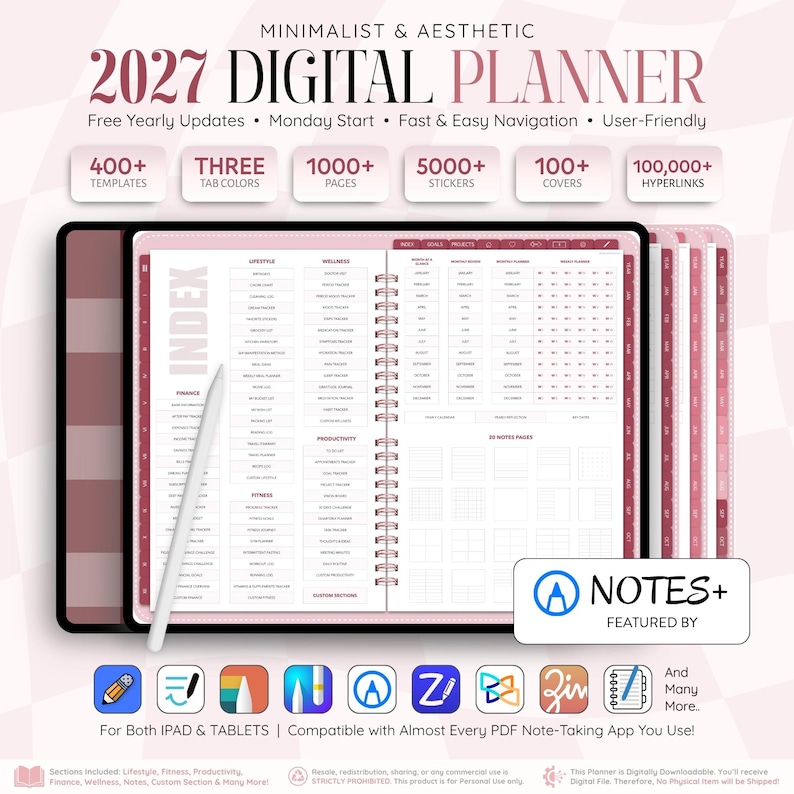 Puede incluir: Una agenda digital 2027 para tabletas que muestra una p&aacute;gina de &iacute;ndice con secciones de estilo de vida, bienestar, productividad y fitness. La interfaz incluye un l&aacute;piz &oacute;ptico blanco, navegaci&oacute;n por pesta&ntilde;as y texto que indica 400+ plantillas, 1000+ p&aacute;ginas, 5000+ pegatinas, 100+ portadas y 100.000+ hiperv&iacute;nculos. Compatible con aplicaciones de notas PDF.