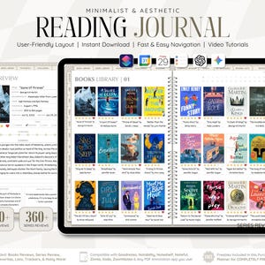 Puede incluir: Un diario de lectura digital en una pantalla de tableta, que muestra una página de biblioteca con una cuadrícula de portadas de libros, valoraciones por estrellas y títulos. La interfaz incluye pestañas de navegación y plantillas.