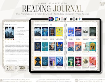 Diario di lettura digitale LANDSCAPE per iPad e Android / Monitoraggio della lettura di libri, pianificazione delle recensioni, registro di lettura / GoodNotes, Notability, Noteshelf