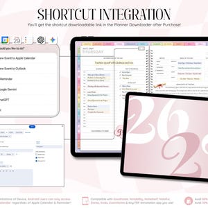 Może przedstawiać: Interfejs planera cyfrowego wyświetlony na dw&oacute;ch tabletach, zawierający harmonogram dnia, tracker posiłk&oacute;w i listę zadań. Menu podręczne pokazuje opcje integracji skr&oacute;t&oacute;w dla Apple Calendar, Outlook, Reminders, Google Gemini i ChatGPT.