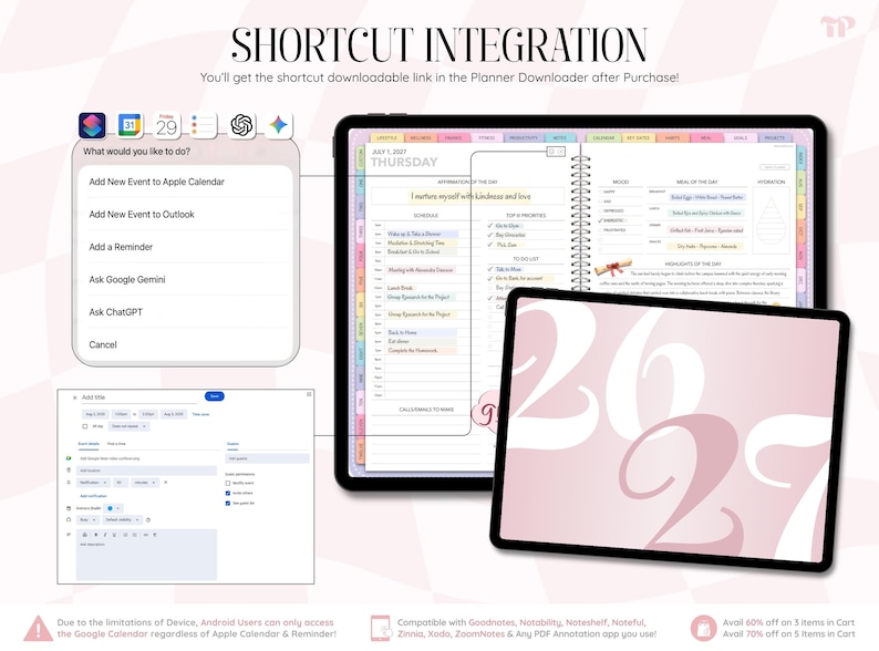 Może przedstawiać: Interfejs planera cyfrowego wyświetlony na dw&oacute;ch tabletach, zawierający harmonogram dnia, tracker posiłk&oacute;w i listę zadań. Menu podręczne pokazuje opcje integracji skr&oacute;t&oacute;w dla Apple Calendar, Outlook, Reminders, Google Gemini i ChatGPT.