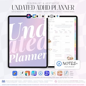 Puede incluir: Un planificador digital sin fecha para TDAH mostrado en dos pantallas de tableta. La pantalla izquierda muestra una portada con degradado morado y el texto Undated Planner. La pantalla derecha muestra un diseño de tareas diarias con secciones.