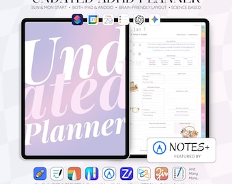 Puede incluir: Un planificador digital sin fecha para TDAH mostrado en dos pantallas de tableta. La pantalla izquierda muestra una portada con degradado morado y el texto Undated Planner. La pantalla derecha muestra un diseño de tareas diarias con secciones.