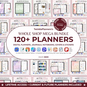 Può includere: Un pacchetto di prodotti digitali con oltre 120 planner, diari, quaderni, copertine e adesivi. Il testo centrale recita TwinklePlanners's WHOLE SHOP MEGA BUNDLE 120+ PLANNERS. Include icone per varie app di appunti e note sulla compatibilità.