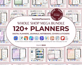 May include: A digital product bundle featuring over 120 planners, journals, notebooks, covers, and stickers. The central text reads TwinklePlanners's WHOLE SHOP MEGA BUNDLE 120+ PLANNERS. It includes icons for various note-taking apps and compatibility notes.