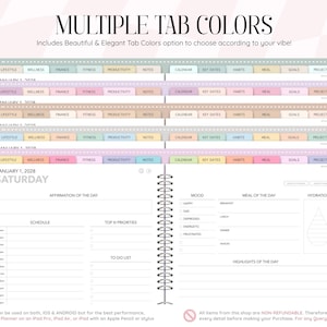 May include: A digital planner with multiple tab color options featuring a daily layout with sections for affirmation of the day, schedule, top priorities, to-do list, mood, meal of the day, hydration, and highlights of the day, with text reading MULTIPLE TAB COLORS.
