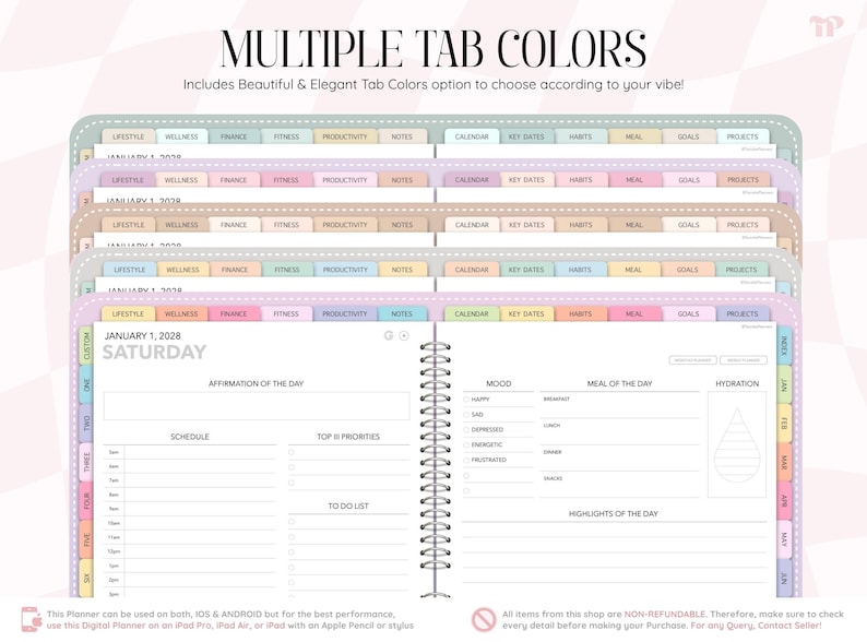May include: A digital planner with multiple tab color options featuring a daily layout with sections for affirmation of the day, schedule, top priorities, to-do list, mood, meal of the day, hydration, and highlights of the day, with text reading MULTIPLE TAB COLORS.