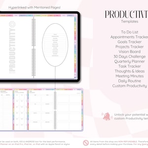 Może przedstawiać: Cyfrowy planer produktywności wyświetlany na ekranie tabletu ze spiralnym wiązaniem i kolorowymi zakładkami. Tekst zawiera Productivity Templates, To Do List, Appointments Tracker, Goals Tracker, Projects Tracker, Vision Board i 30 Days Challenge.