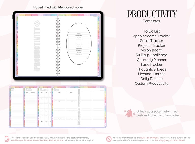 Może przedstawiać: Cyfrowy planer produktywności wyświetlany na ekranie tabletu ze spiralnym wiązaniem i kolorowymi zakładkami. Tekst zawiera Productivity Templates, To Do List, Appointments Tracker, Goals Tracker, Projects Tracker, Vision Board i 30 Days Challenge.