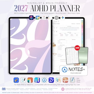 May include: A digital 2027 ADHD planner displayed on a tablet screen, featuring a purple and pink gradient cover with large 2027 text. The interface includes daily planning pages, an index, and compatibility icons for various note-taking applications.