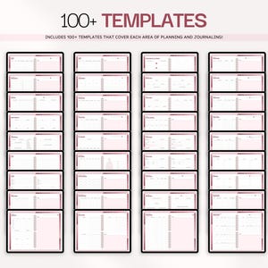 Puede incluir: Una colecci&oacute;n digital de m&aacute;s de 100 plantillas para planificaci&oacute;n y diario, mostradas en cuatro columnas verticales de dise&ntilde;os rectangulares. Cada plantilla presenta un fondo rosa claro con texto y l&iacute;neas oscuras para tareas diarias.