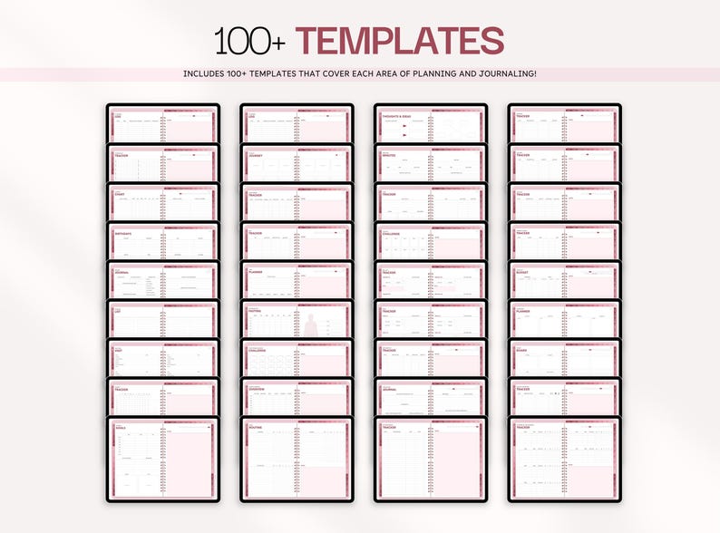 Puede incluir: Una colecci&oacute;n digital de m&aacute;s de 100 plantillas para planificaci&oacute;n y diario, mostradas en cuatro columnas verticales de dise&ntilde;os rectangulares. Cada plantilla presenta un fondo rosa claro con texto y l&iacute;neas oscuras para tareas diarias.