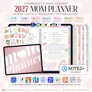 May include: A 2027 digital mom planner for tablets featuring 400 plus templates, 1000 plus pages, 300k plus hyperlinks, 10000 plus stickers, and 100 plus covers. The interface displays daily meal, mood, and hydration trackers with notes.