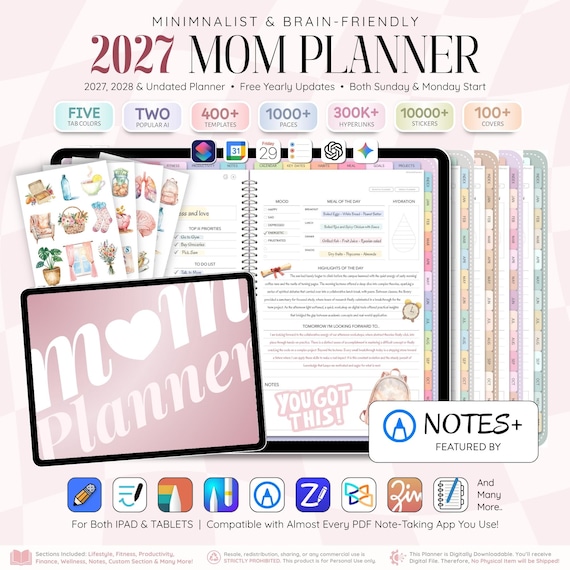 2027 2028 Mom Planner LANDSCAPE for iPad & Android | Undated Busy Mum Life Journal | Daily, Weekly, Monthly | Goodnotes Notability Noteshelf