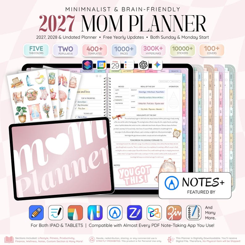 May include: A 2027 digital mom planner for tablets featuring 400 plus templates, 1000 plus pages, 300k plus hyperlinks, 10000 plus stickers, and 100 plus covers. The interface displays daily meal, mood, and hydration trackers with notes.