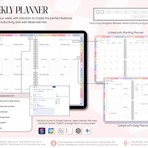 May include: A digital weekly planner displayed on a tablet screen featuring a weekly layout, a monthly calendar view, and a daily planner page. The interface includes navigation tabs, event integration options for calendar apps, and AI tools.
