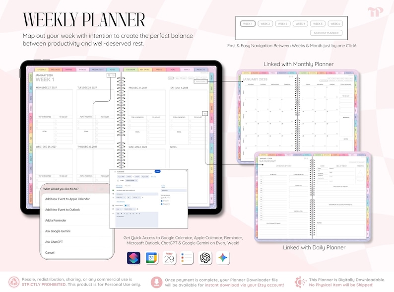 May include: A digital weekly planner displayed on a tablet screen featuring a weekly layout, a monthly calendar view, and a daily planner page. The interface includes navigation tabs, event integration options for calendar apps, and AI tools.