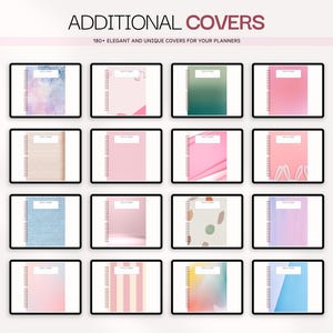 Puede incluir: Una pantalla digital que muestra diecis&eacute;is portadas de planificador rectangulares con varios dise&ntilde;os, incluyendo degradados, colores s&oacute;lidos y patrones. El texto ADDITIONAL COVERS y 180+ ELEGANT AND UNIQUE COVERS FOR YOUR PLANNERS aparece arriba.
